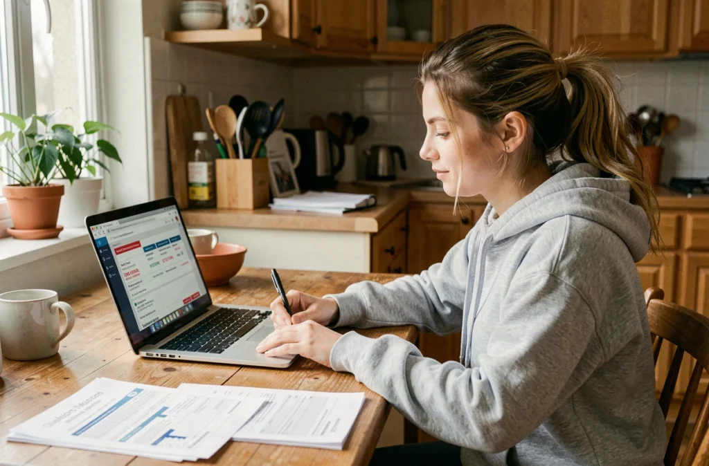 Jeune femme comparant des offres d'assurance moto 125 sur un ordinateur portable à sa table de cuisine avec des documents d'assurance étalés