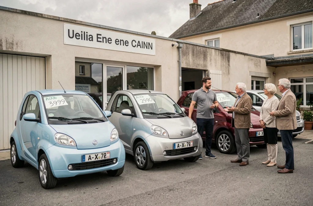 Vendeur présentant des Aixam d'occasion à des clients dans une concession de voitures sans permis