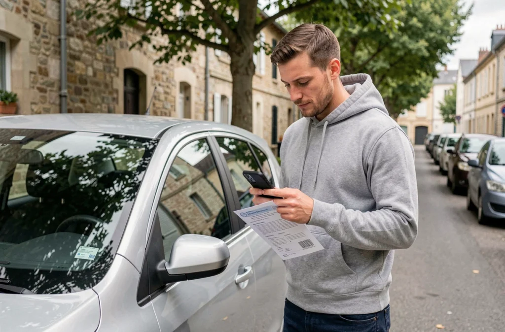 Jeune conducteur vérifiant son attestation d'assurance voiture devant son véhicule dans la rue