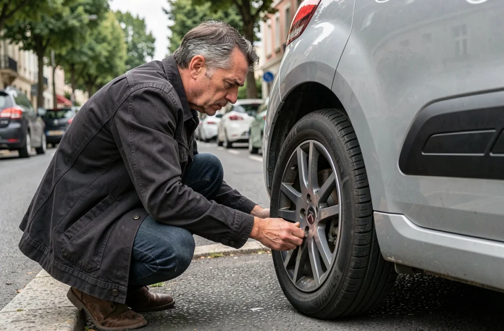 Conducteur inspectant un pneu sous-gonflé sur une Citroën C3 garée en ville