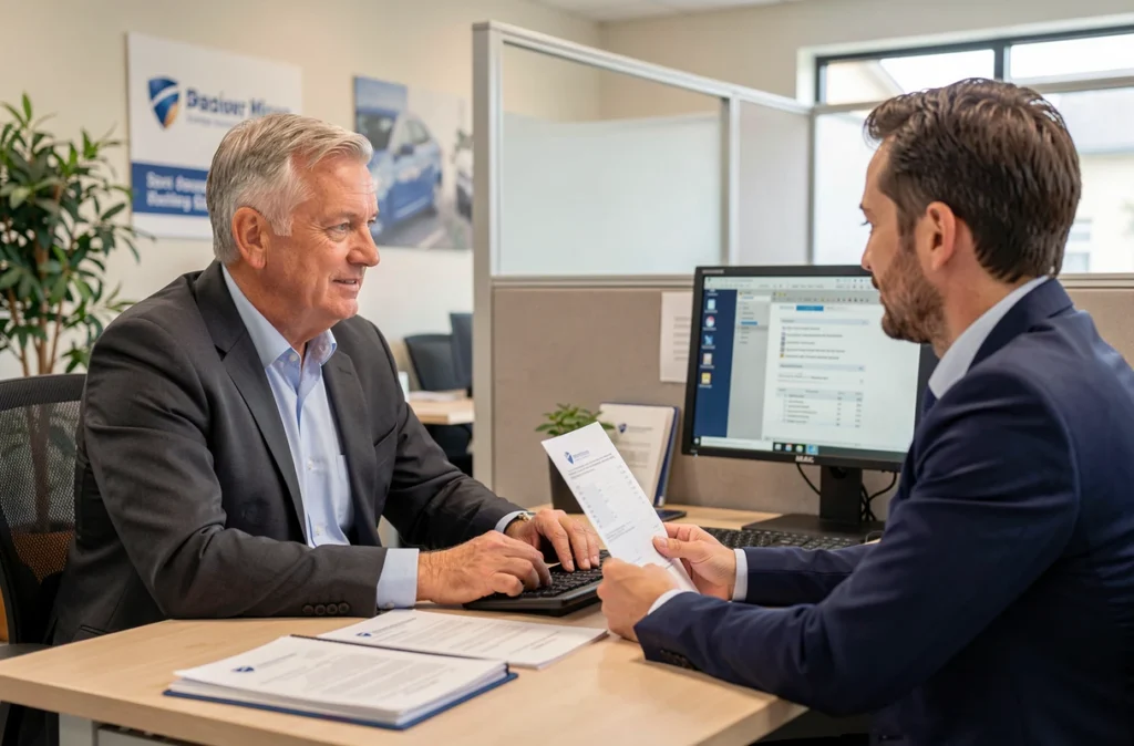Client et conseiller en agence d'assurance discutant de la date d'échéance d'un contrat auto