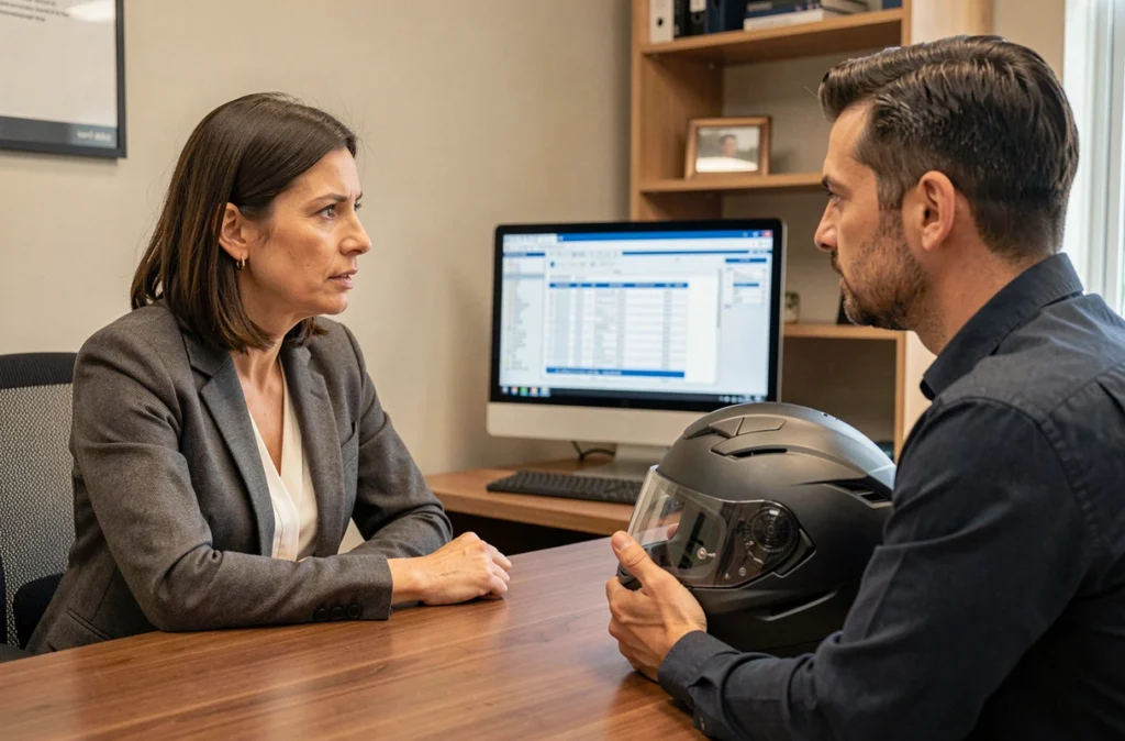 Conseillère en assurance aidant un motard malussé à trouver une couverture adaptée