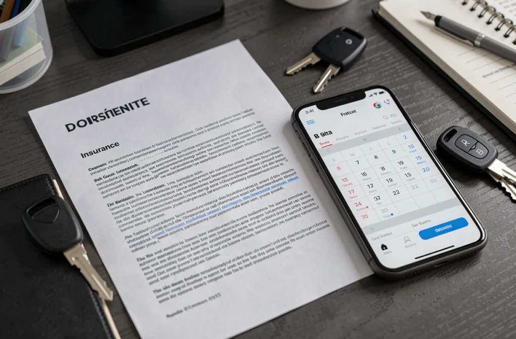 Gros plan d'un contrat d'assurance auto, d'un smartphone avec calendrier et de clés de voiture sur un bureau