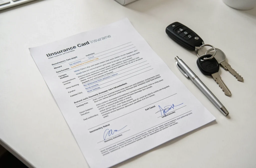 Contrat d'assurance voiture, clés de voiture et stylo sur un bureau, illustration d'une offre Oyat
