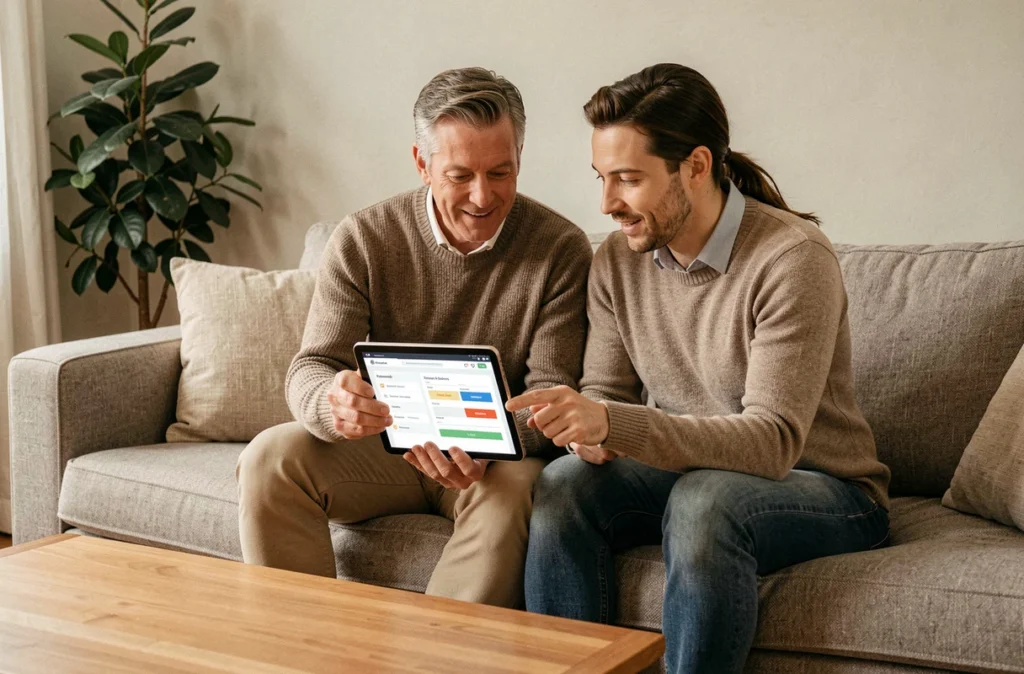 Couple comparant des offres d'assurance auto sur une tablette dans leur salon à la maison