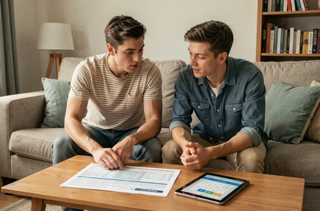 Couple comparant des devis d'assurance auto avec un calculateur en ligne dans un salon