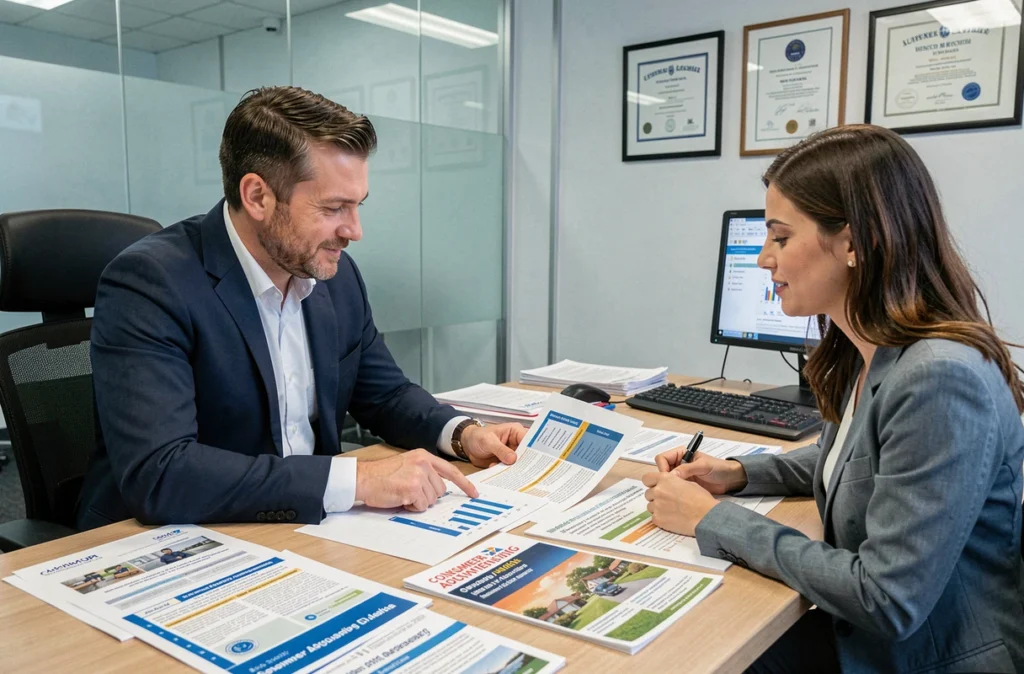 Couple en rendez-vous avec un conseiller en assurance auto pour comparer des offres selon UFC-Que Choisir