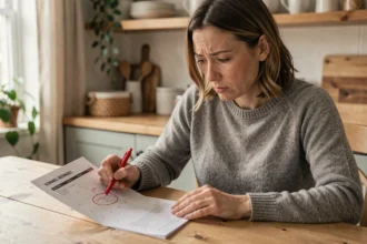 Femme consultant son contrat d'assurance auto et marquant la date d'anniversaire sur un calendrier à la maison
