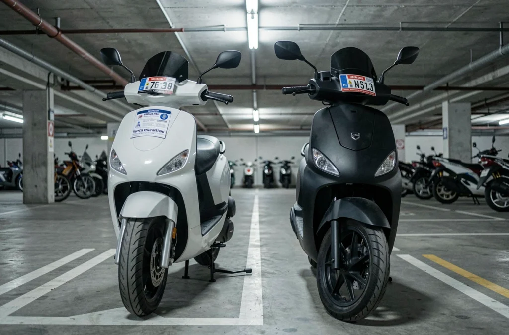 Deux scooters électriques garés côte à côte dans un parking couvert avec autocollants d'assurance