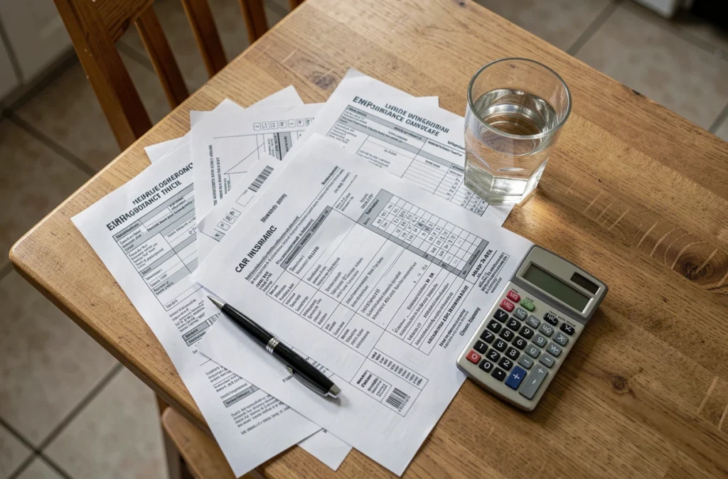 Documents de devis d'assurance auto étalés sur une table avec stylo et calculatrice pour comparer les offres