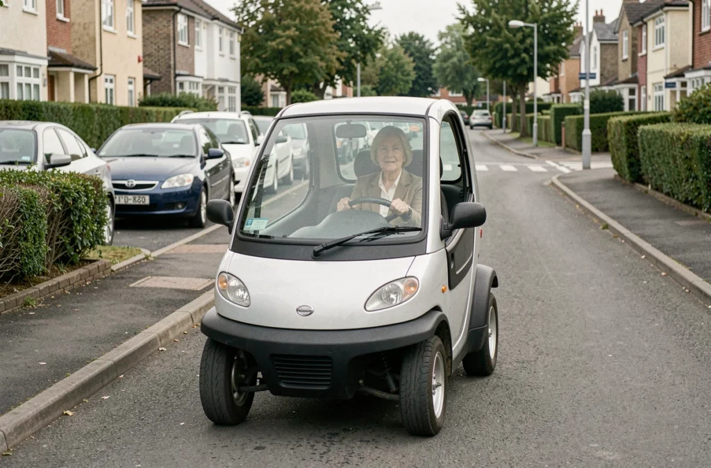 Femme âgée conduisant une voiture sans permis d'occasion dans une rue résidentielle calme