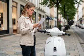 Femme consultant un contrat d'assurance scooter électrique sur un trottoir urbain