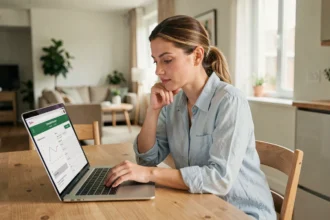 Femme utilisant un calculateur d'assurance auto en ligne sur son ordinateur portable dans une cuisine moderne