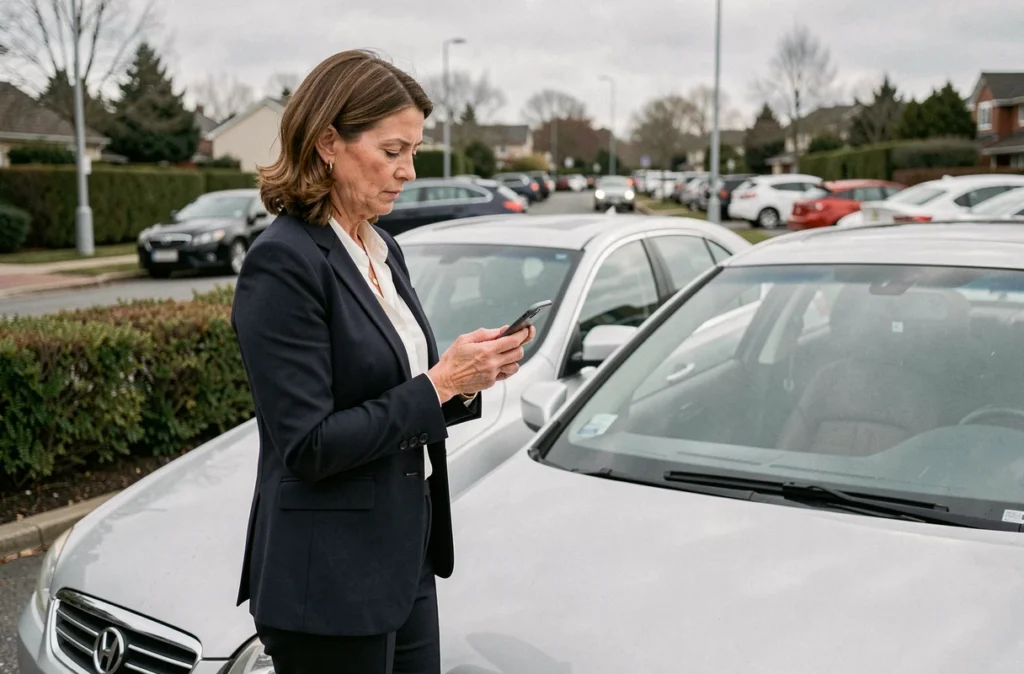 Femme comparant des offres d'assurance auto sur smartphone avant de souscrire un contrat