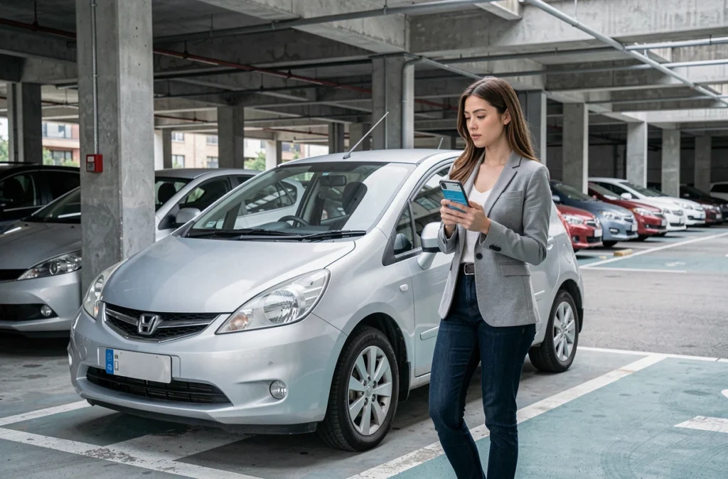 Femme vérifiant un comparateur d'assurance auto sur smartphone devant sa voiture dans un parking urbain