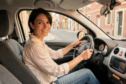 Femme conduisant une voiture sans permis à Béziers, vue de l'intérieur avec façades méditerranéennes en arrière-plan