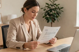 Femme consultant un contrat d'assurance voiture Oyat à son bureau