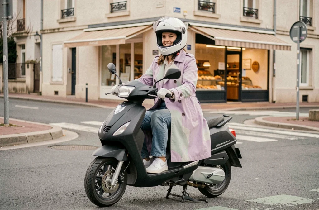 Femme assise sur un scooter 50cc à un carrefour de banlieue française, portant un casque intégral blanc, dans le contexte d'une assurance deux-roues sans BSR