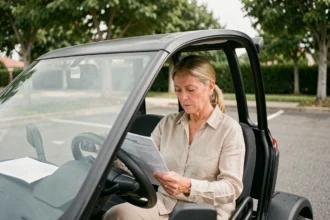 Femme senior consultant un document d'assurance dans une voiture sans permis dans un parking résidentiel
