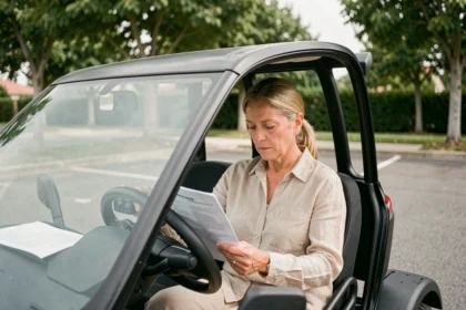 Femme senior consultant un document d'assurance dans une voiture sans permis dans un parking résidentiel