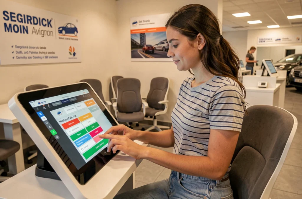 Jeune femme utilisant une borne numérique pour s'entraîner au code de la route chez First Permis à Avignon, dans un espace pédagogique moderne