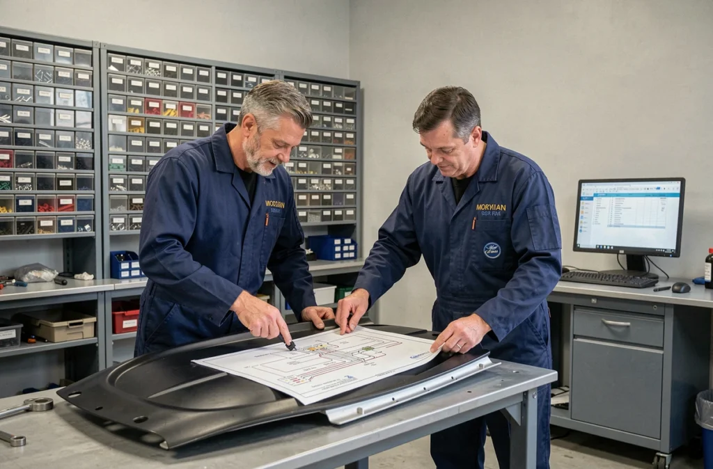 Deux mécaniciens du Garage 2 M Auto collaborant sur la réparation d'un panneau de portière dans les Deux-Sèvres