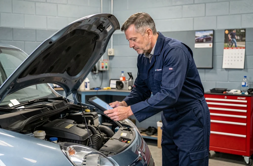 Mécanicien du Garage CS Auto inspectant le moteur d'un véhicule avec une tablette de diagnostic