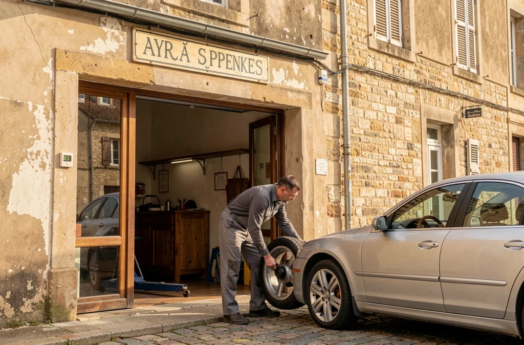 Façade du Garage de la Poste dans un village des Deux-Sèvres avec mécanicien changeant un pneu