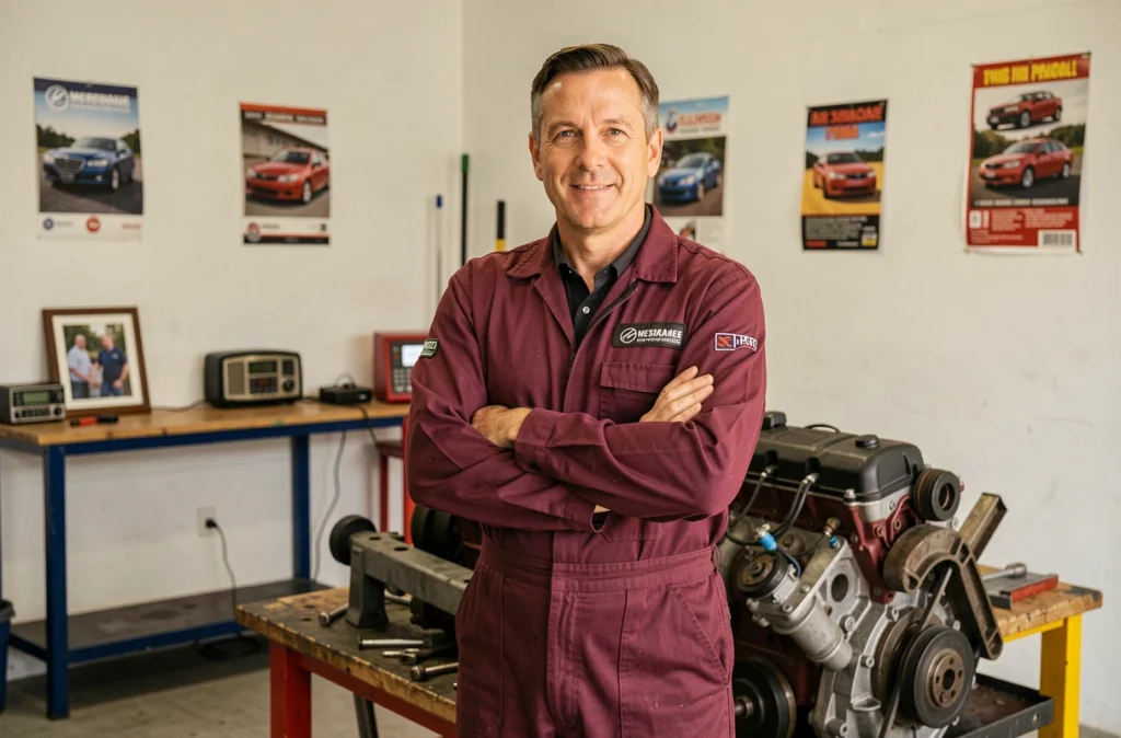 Portrait du gérant du Garage Eric Guerin dans son atelier de réparation des Deux-Sèvres