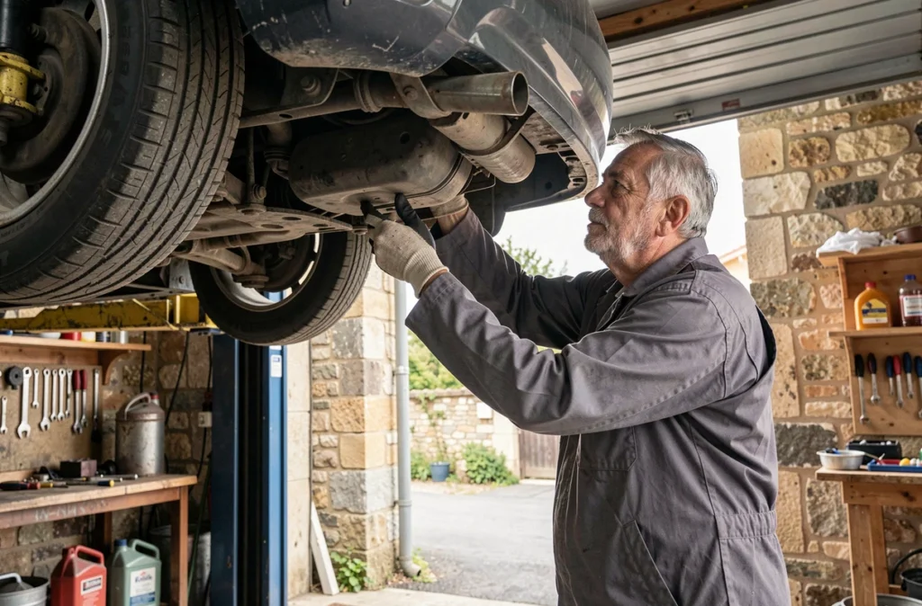 Mécanicien du Garage de Marcilly-le-Châtel inspectant le dessous d'un véhicule surélevé sur un pont