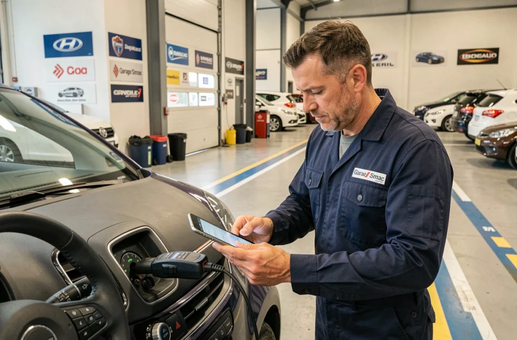 Mécanicien multimarque de Garage Simac Auto dans la Loire branchant un scanner OBD sur une voiture compacte
