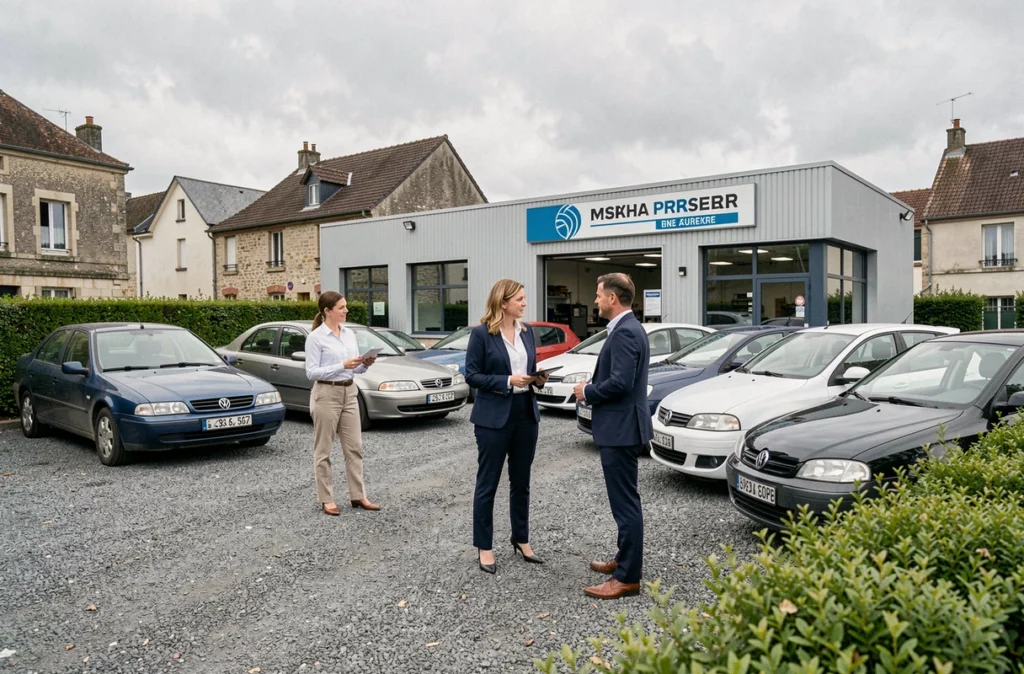 Parvis de Guion Automobiles dans les Deux-Sèvres avec conseillère commerciale et client devant des véhicules d'occasion