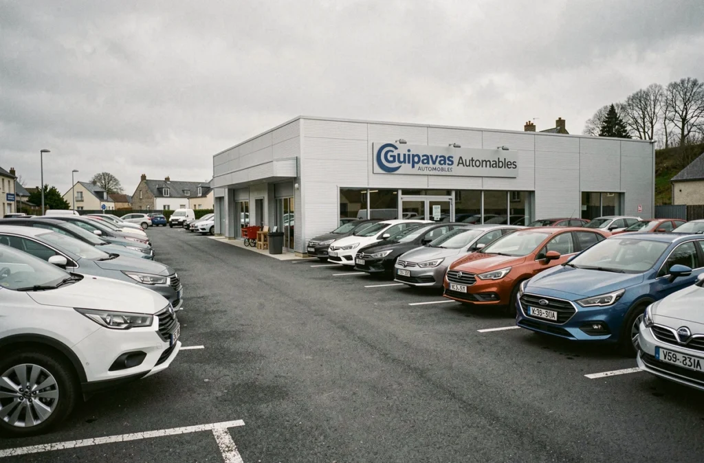 Lot de voitures d'occasion de Guipavas Automobiles avec des véhicules alignés devant les locaux modernes près de Brest