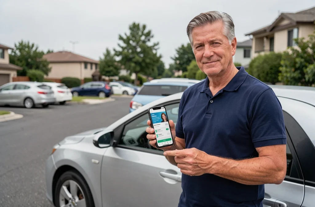 Homme debout près de sa voiture consultant une offre d'assurance automobile sur smartphone