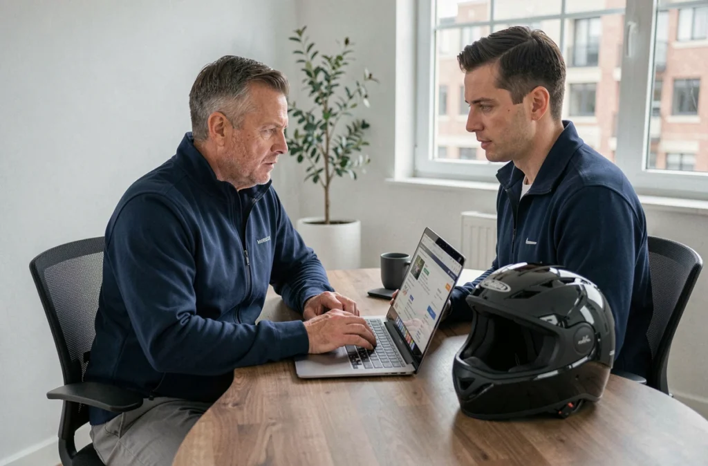 Homme comparant des prix d'assurance scooter électrique sur un ordinateur portable