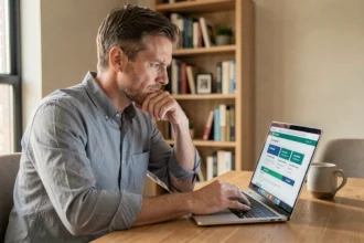 Homme consultant un comparateur d'assurance auto sur son ordinateur portable dans un bureau à domicile