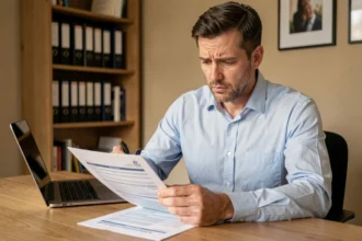 Homme consultant un contrat d'assurance auto à son bureau à domicile avant de souscrire