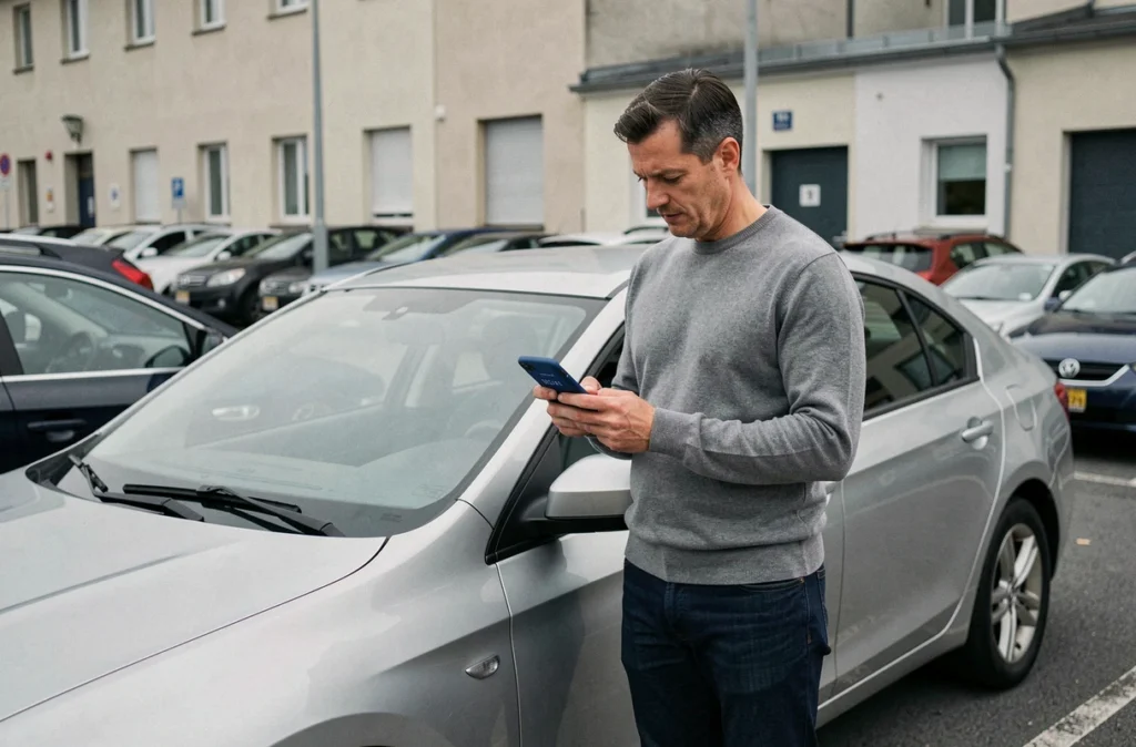 Homme consultant une estimation de tarif d'assurance auto sur smartphone à côté de sa voiture en ville
