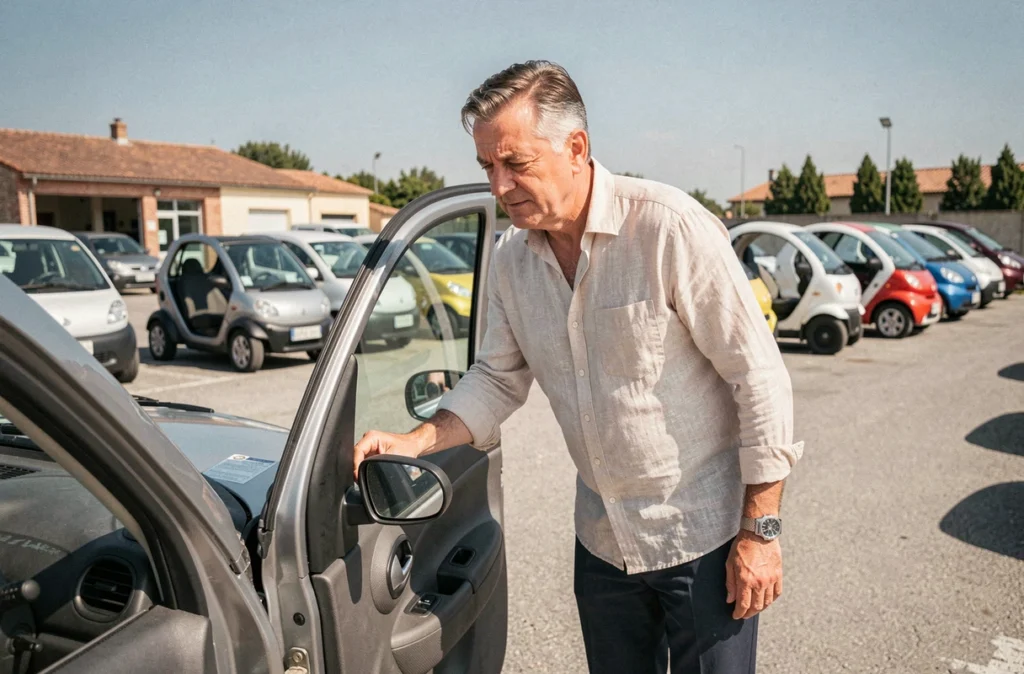 Un homme d'âge mûr inspecte l'intérieur d'une voiture sans permis d'occasion dans un lot de véhicules à Perpignan