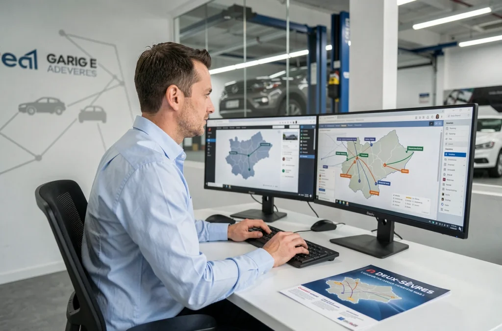 Coordinateur du réseau iDGarages partenaire Deux-Sèvres consultant une carte des garages partenaires sur écran