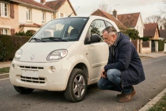 Homme inspectant une Aixam d'occasion garée dans une rue résidentielle française