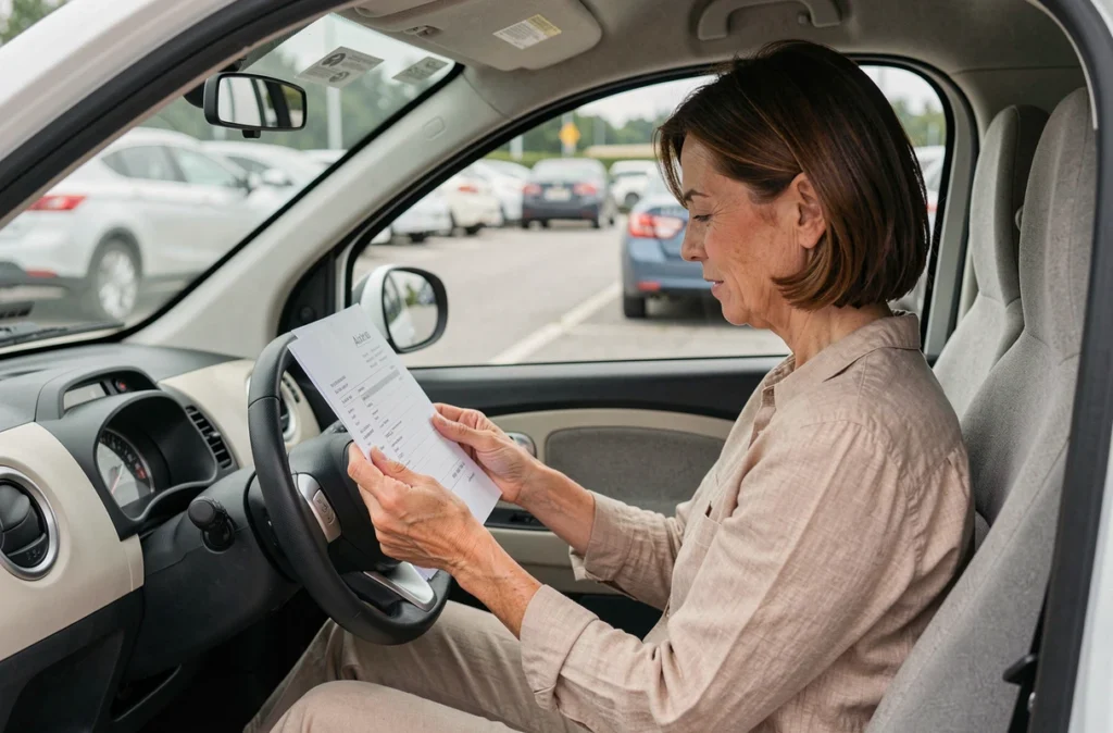 Femme consultant des documents d'achat à l'intérieur d'une voiture sans permis Aixam d'occasion