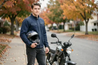 Jeune conducteur de 125cc debout à côté de sa moto dans une rue résidentielle, portant un blouson moto textile marine et un casque intégral sous le bras