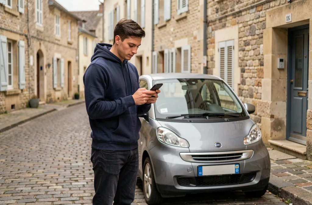 Jeune homme comparant des assurances pour voiturette sans permis sur smartphone dans un village français
