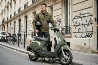 Jeune homme debout à côté de son scooter 50cc dans une rue urbaine française, sans BSR apparent, illustrant l'assurance scooter 50 sans permis