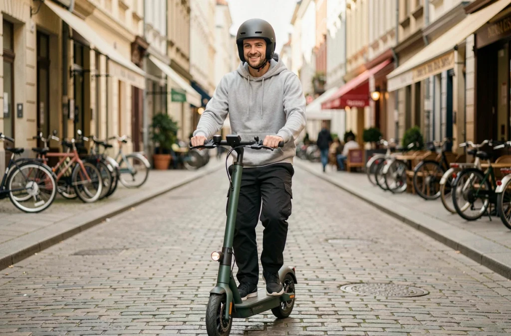 Jeune homme en scooter électrique dans une rue pavée de ville européenne