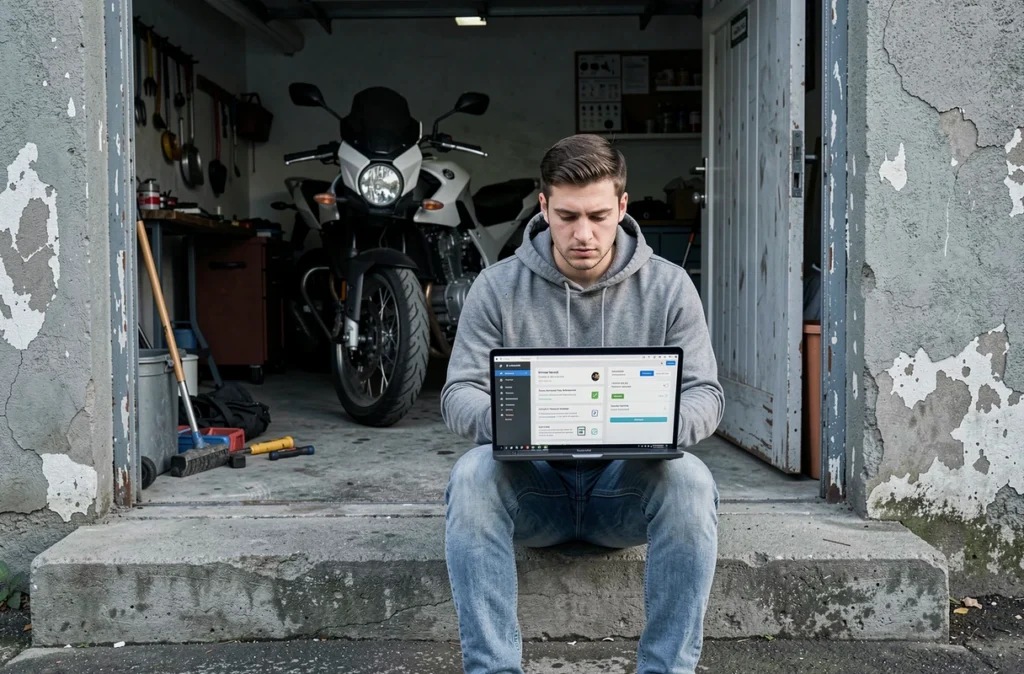 Jeune motard malussé comparant des offres d'assurance moto en ligne devant son garage