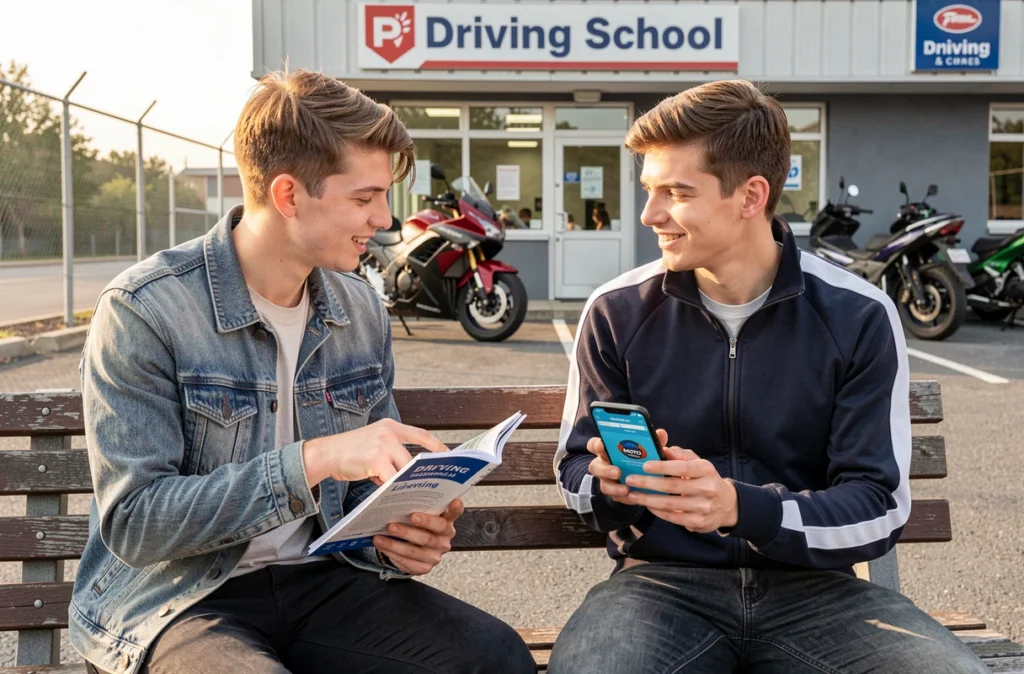 Deux jeunes conducteurs discutant des options d'assurance moto 125 avec un smartphone et un livret de code moto dans le parking d'une auto-école