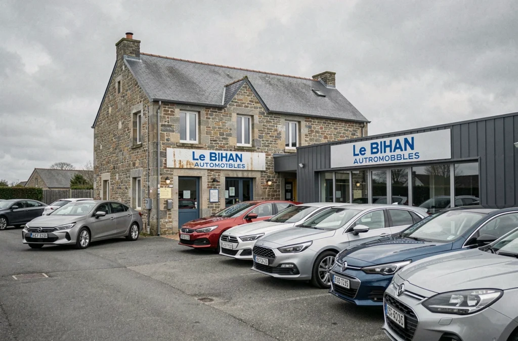 Extérieur de la concession Le Bihan Automobiles à Auray mêlant architecture bretonne en pierre et voitures d'occasion modernes