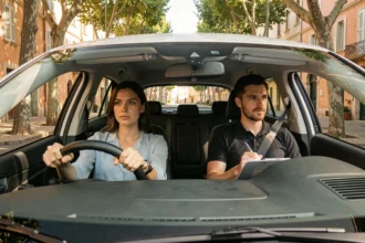 Jeune femme en leçon de conduite dans une auto-école en Provence-Alpes-Côte d'Azur, assise au volant d'une voiture moderne avec un moniteur à ses côtés